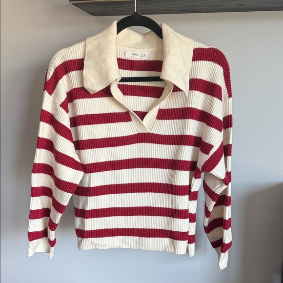 Mango Red and Cream Striped V-Neck Sweater - Picture 3 of 4
